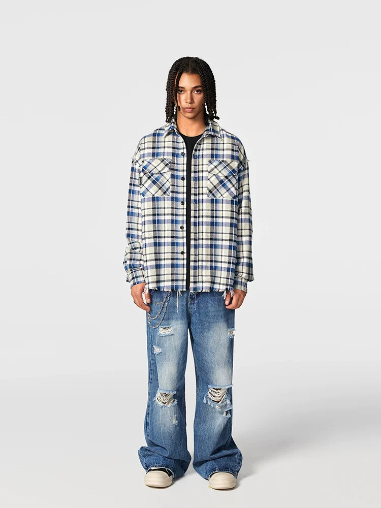 Achock Plaid Fringe Long Sleeved Flannel Shirt
