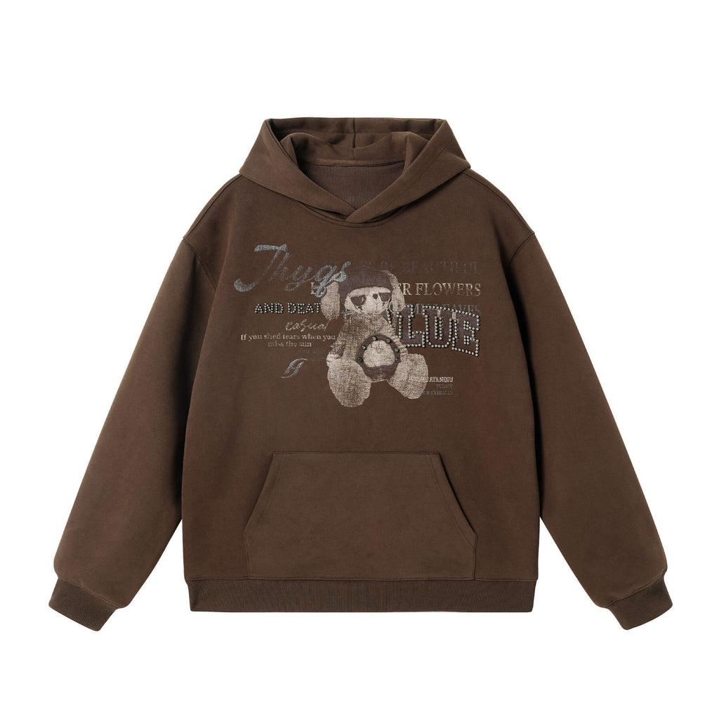 JHYQ Vintage Bear Print Bead Studded Hoodie
