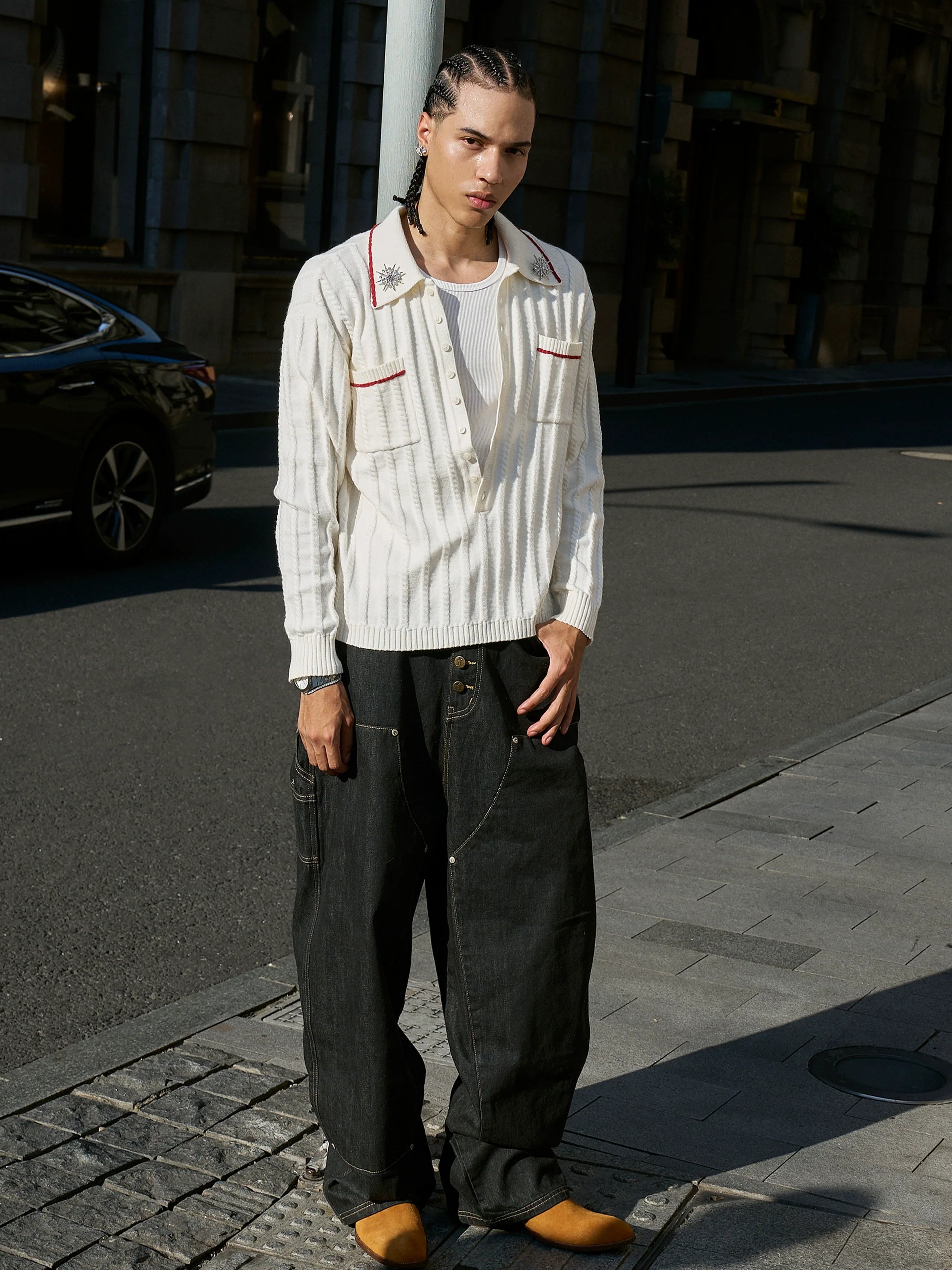 STEEPC Twisted Stripe Polo Knit Sweater