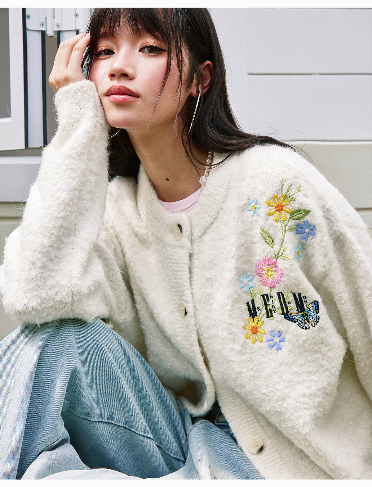 MEDM Floral Vine Embroidered Knit Cardigan