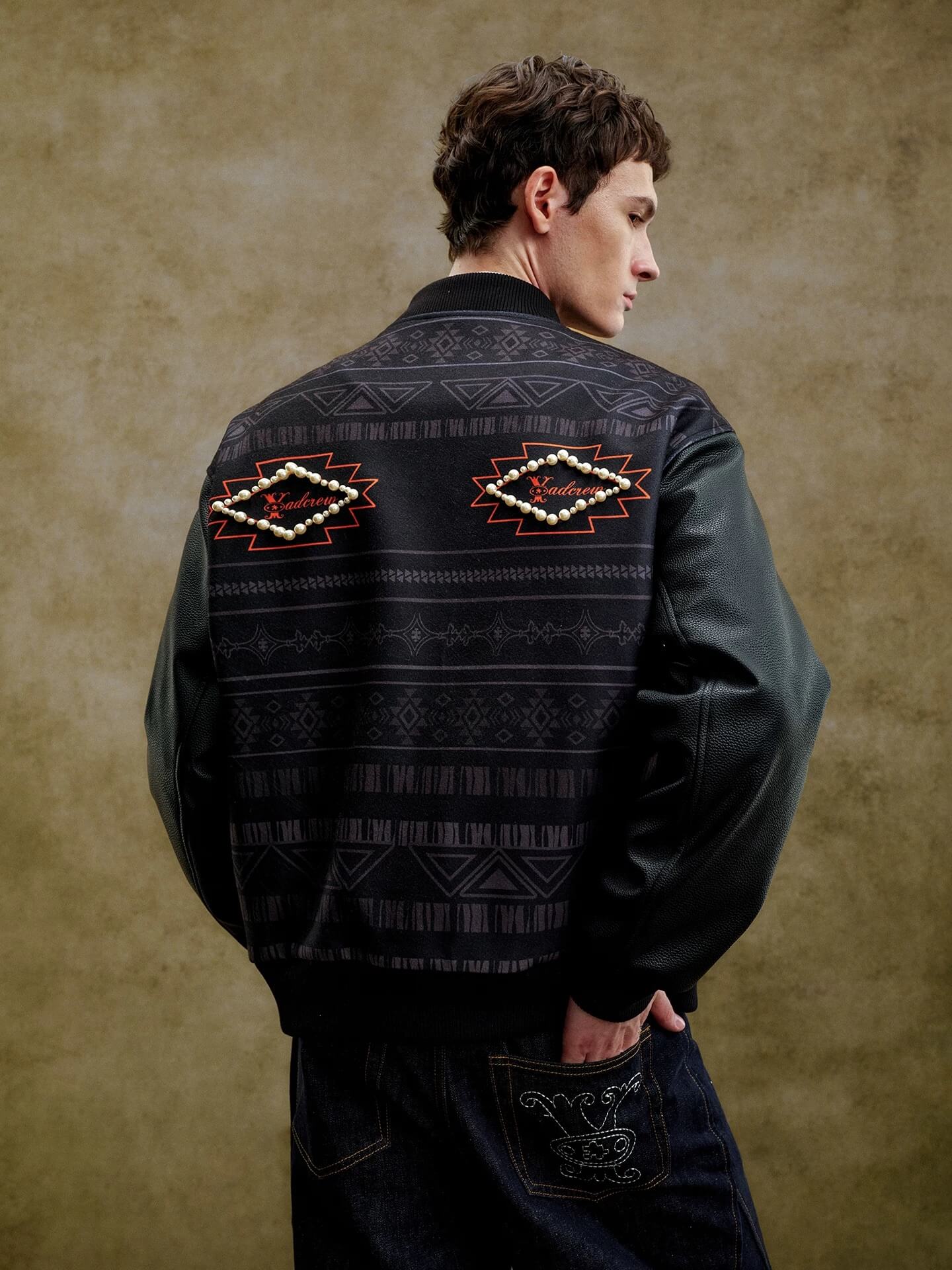 YADcrew Pearl Studded Ethnic Varsity Jacket