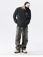 MEDM Rose Embroidered Striped Henley Long Sleeve Tee