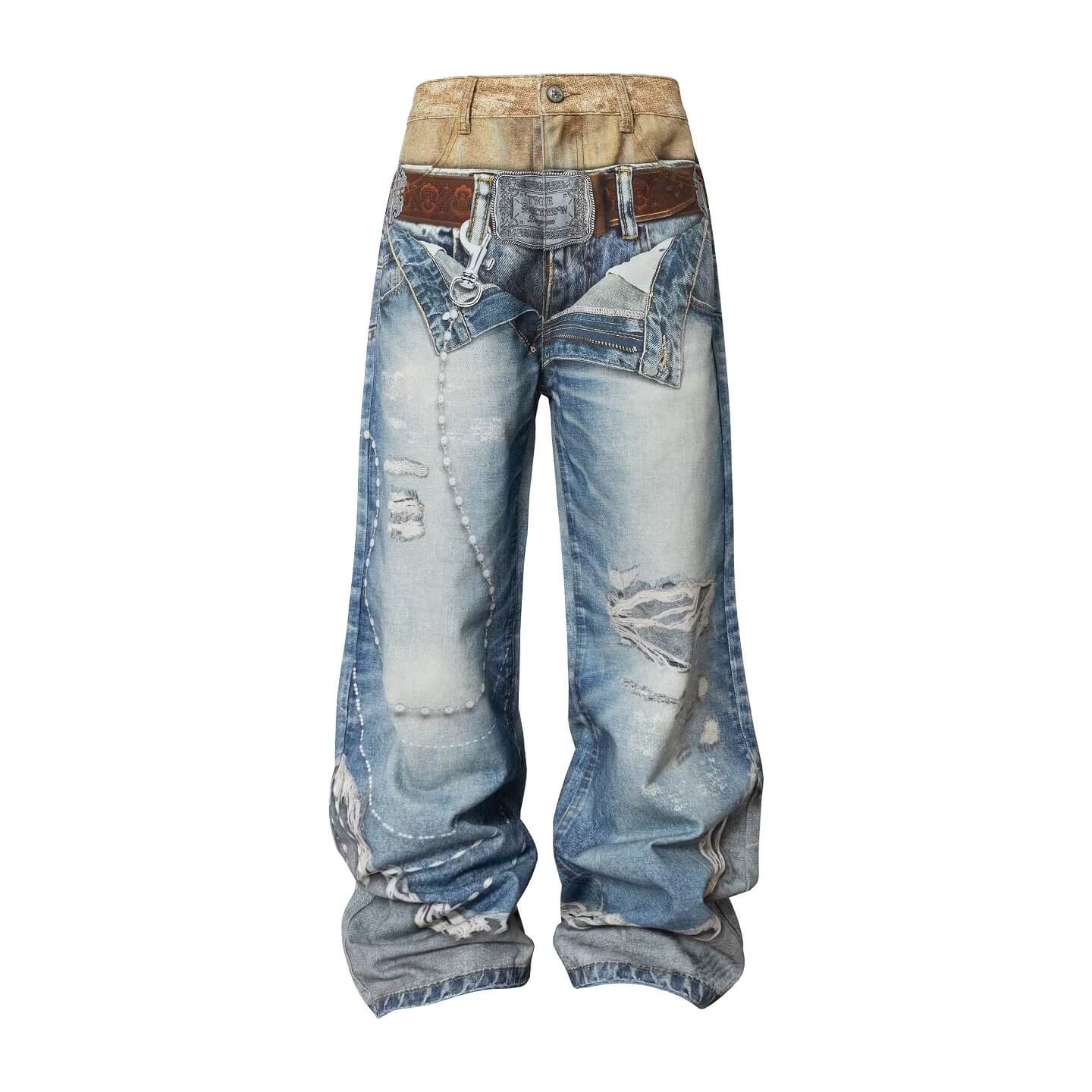 YADcrew Double Waist 3D Digital Print Jeans