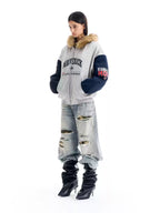 BLIND NO PLAN Gray Color Block Fur Hood Padded Jacket