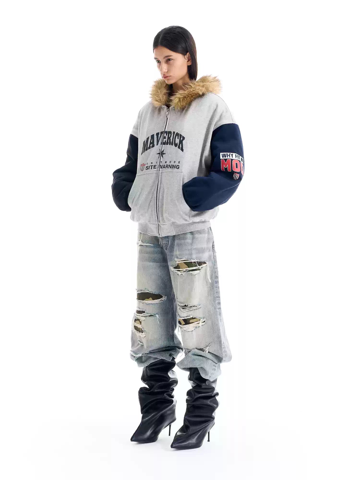 BLIND NO PLAN Gray Color Block Fur Hood Padded Jacket