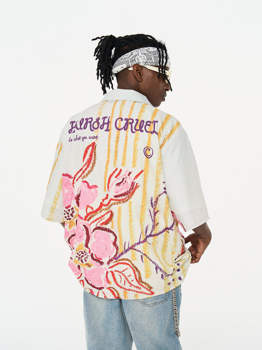 Harsh and Cruel Floral Crayon Drawing Full Print Cuban Shirt