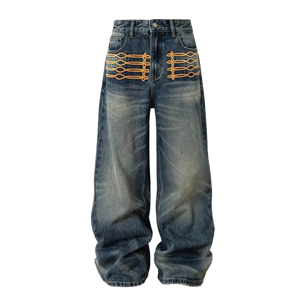 YADcrew Braid Embroidered Washed Loose Fit Jeans