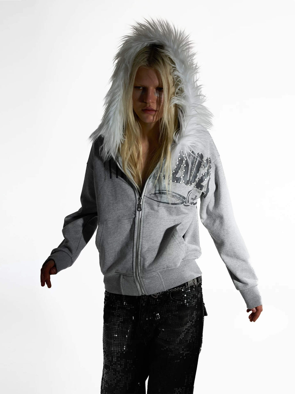 Night Lab Riveted Faux Fur Hood Zip Up Hoodie