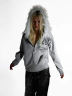 Night Lab Riveted Faux Fur Hood Zip Up Hoodie