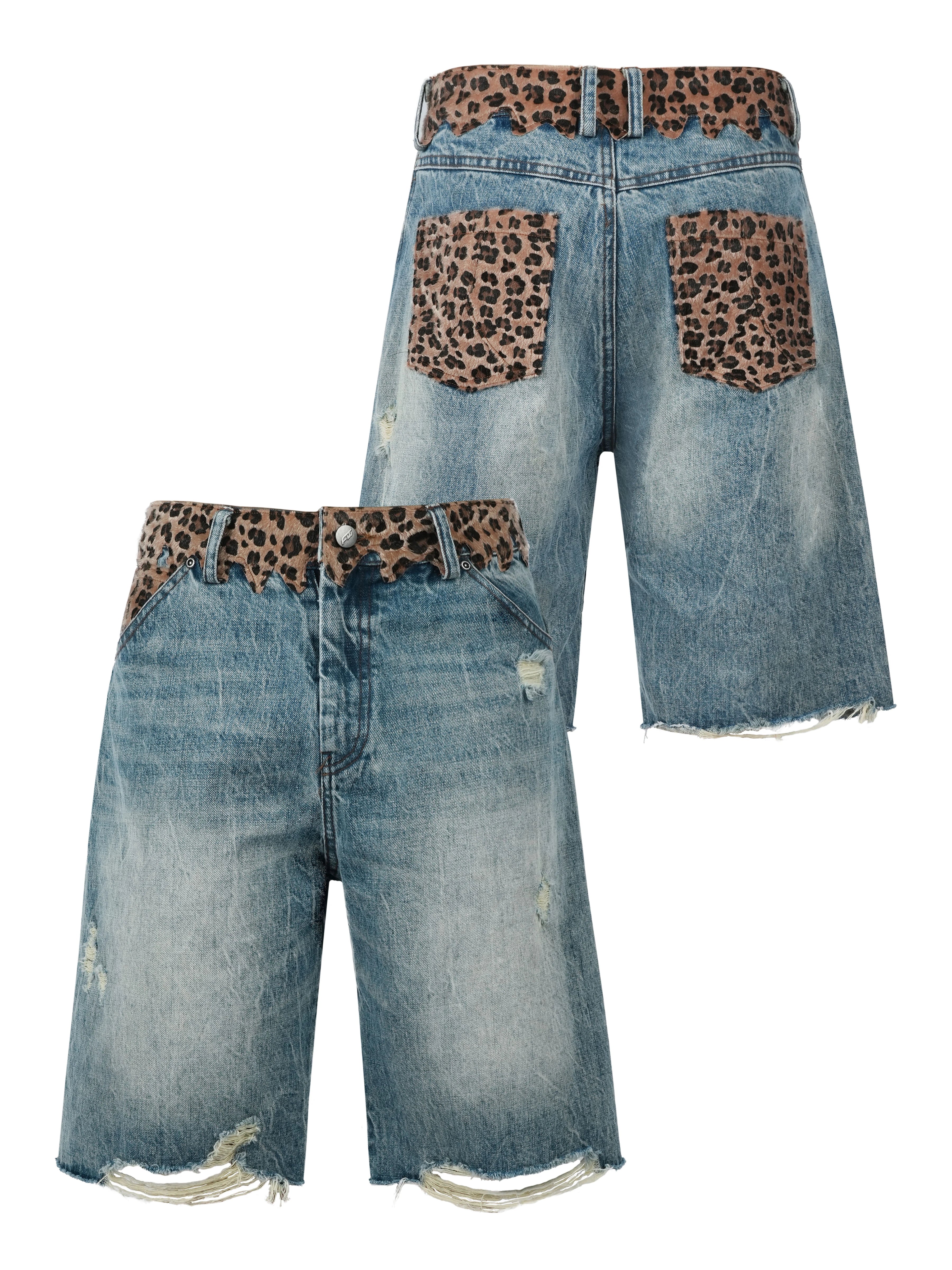 ANTIDOTE Leopard Patchwork Denim Shorts