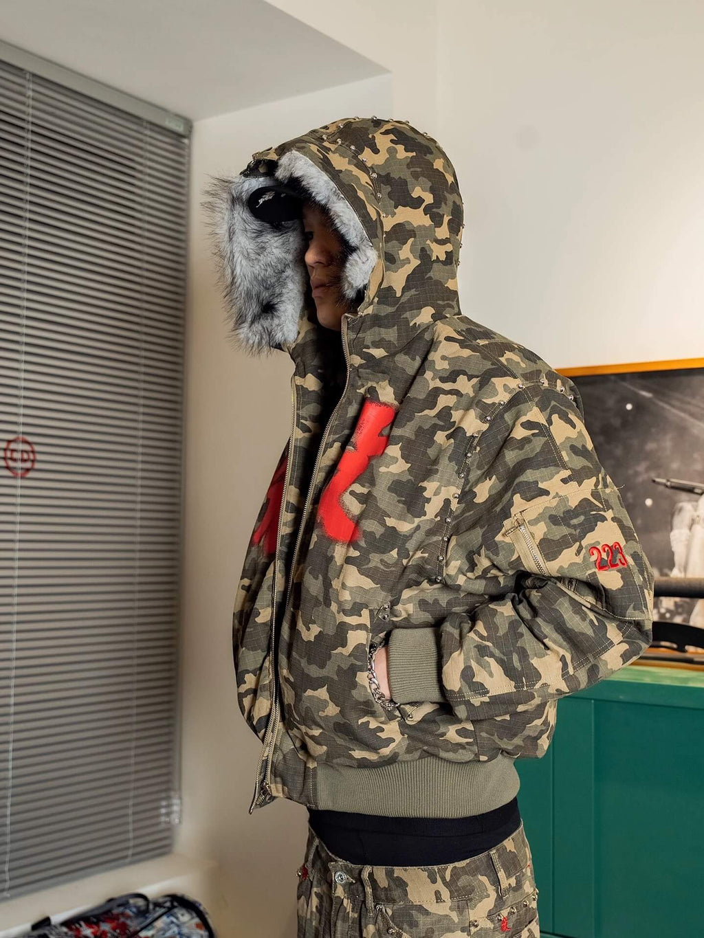 TGFCLUB Washed Camo Studded Faux Fur Hooded Jacket