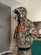 TGFCLUB Washed Camo Studded Faux Fur Hooded Jacket
