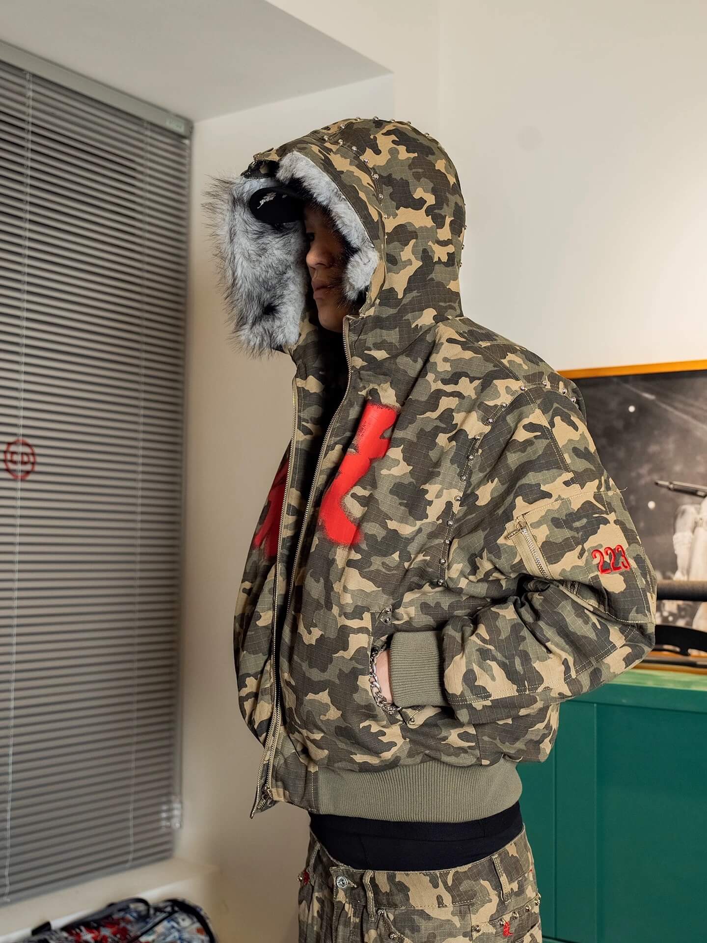 TGFCLUB Washed Camo Studded Faux Fur Hooded Jacket