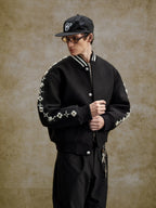 YADcrew Pearl Studded Metal Button Varsity Jacket
