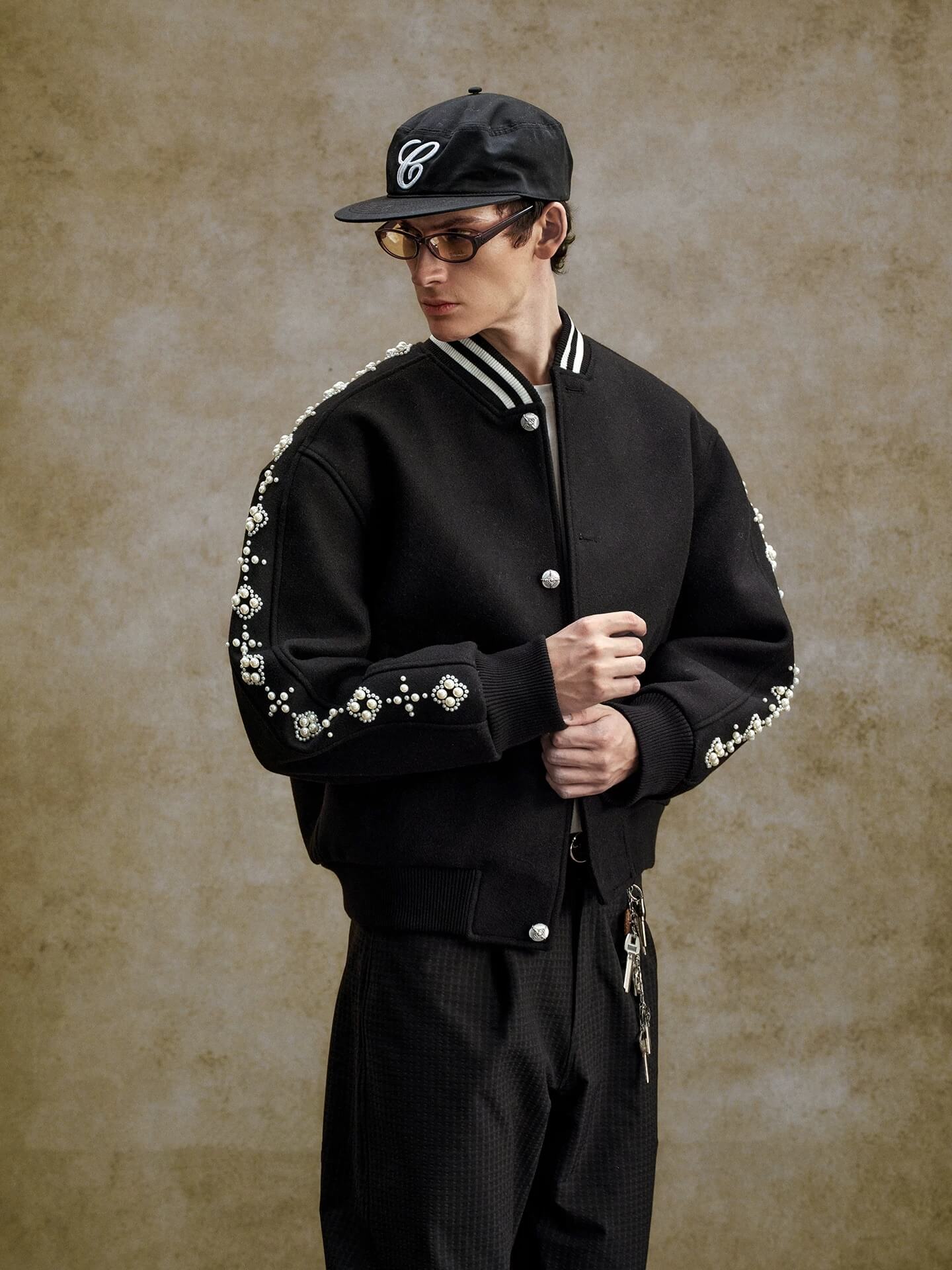 YADcrew Pearl Studded Metal Button Varsity Jacket