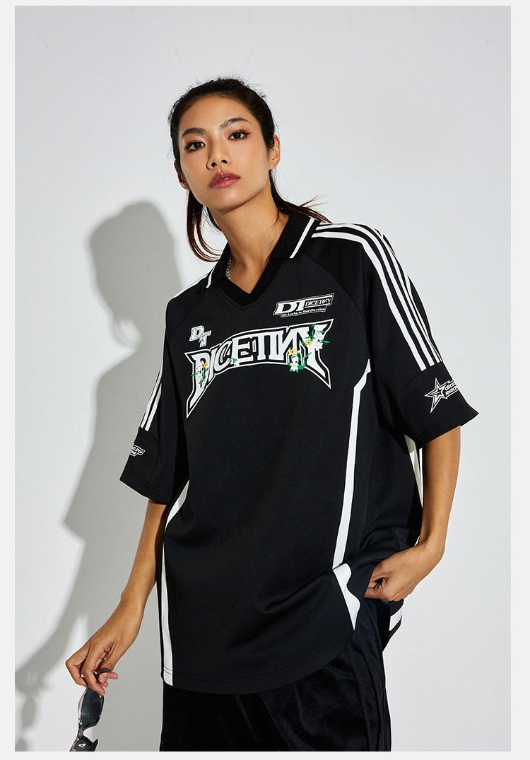 DICETINY Floral Logo Print Soccer Jersey Polo Shirt