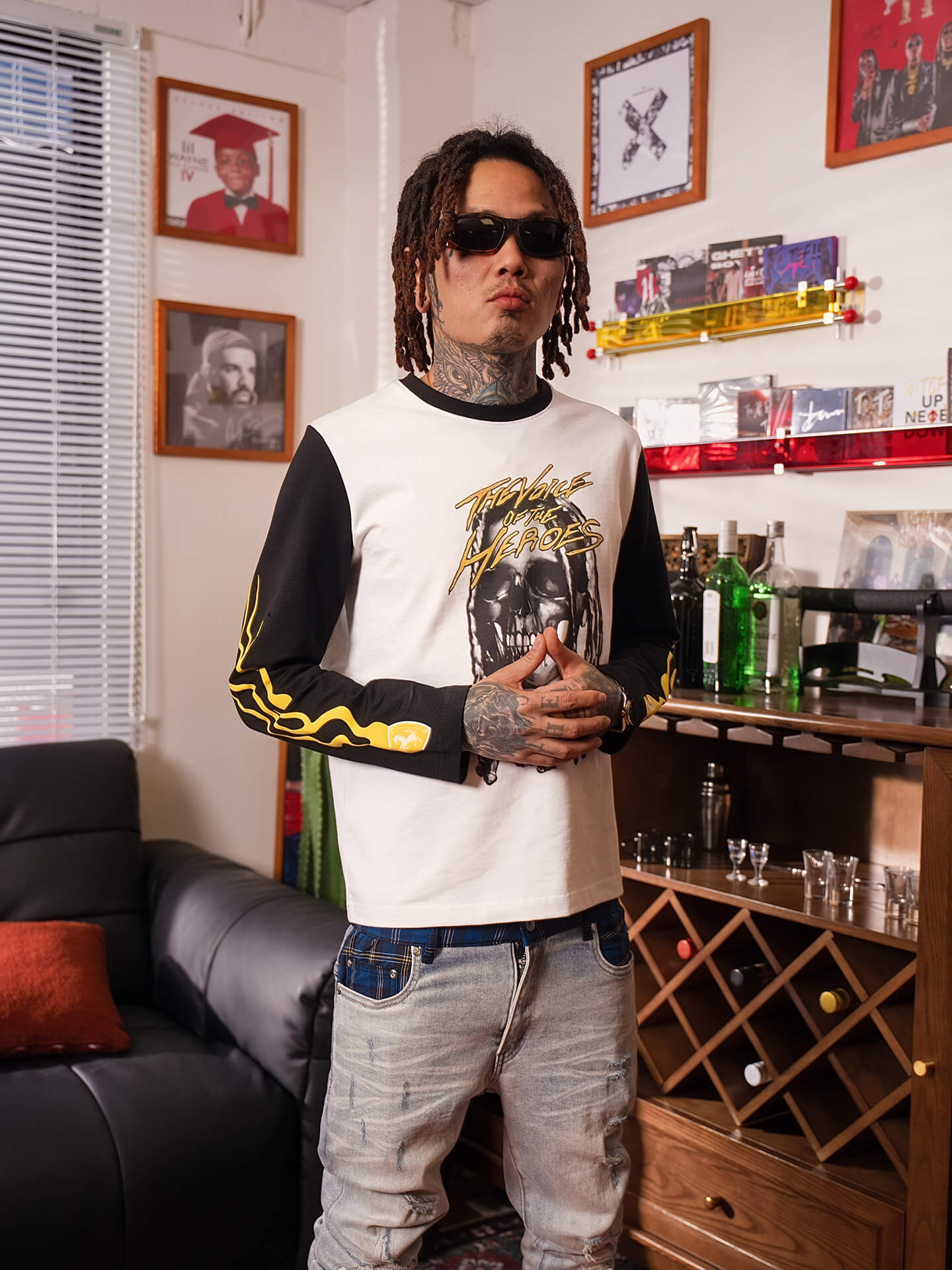 TGFCLUB Skull Print Color Block Slim Fit Long Sleeve Tee