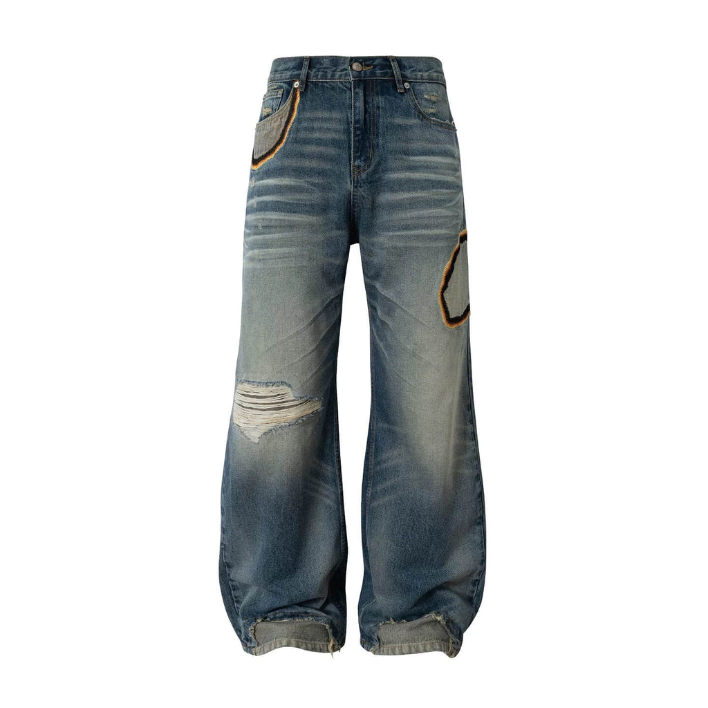 YADcrew Scorched Embroidery Washed Distressed Whisker Jeans