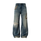 YADcrew Scorched Embroidery Washed Distressed Whisker Jeans