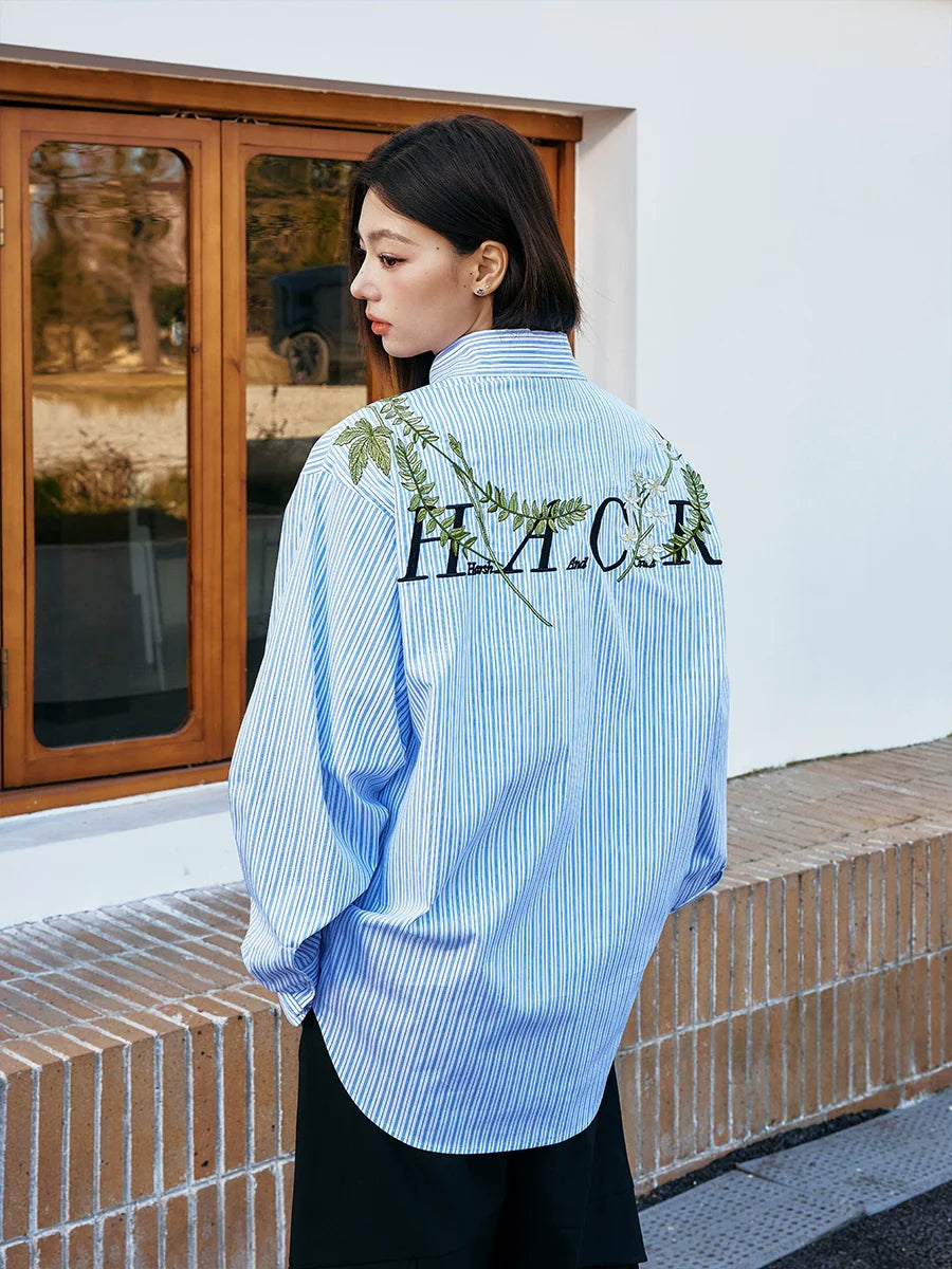 Harsh and Cruel Striped Floral Embroidered Long Sleeve Shirt