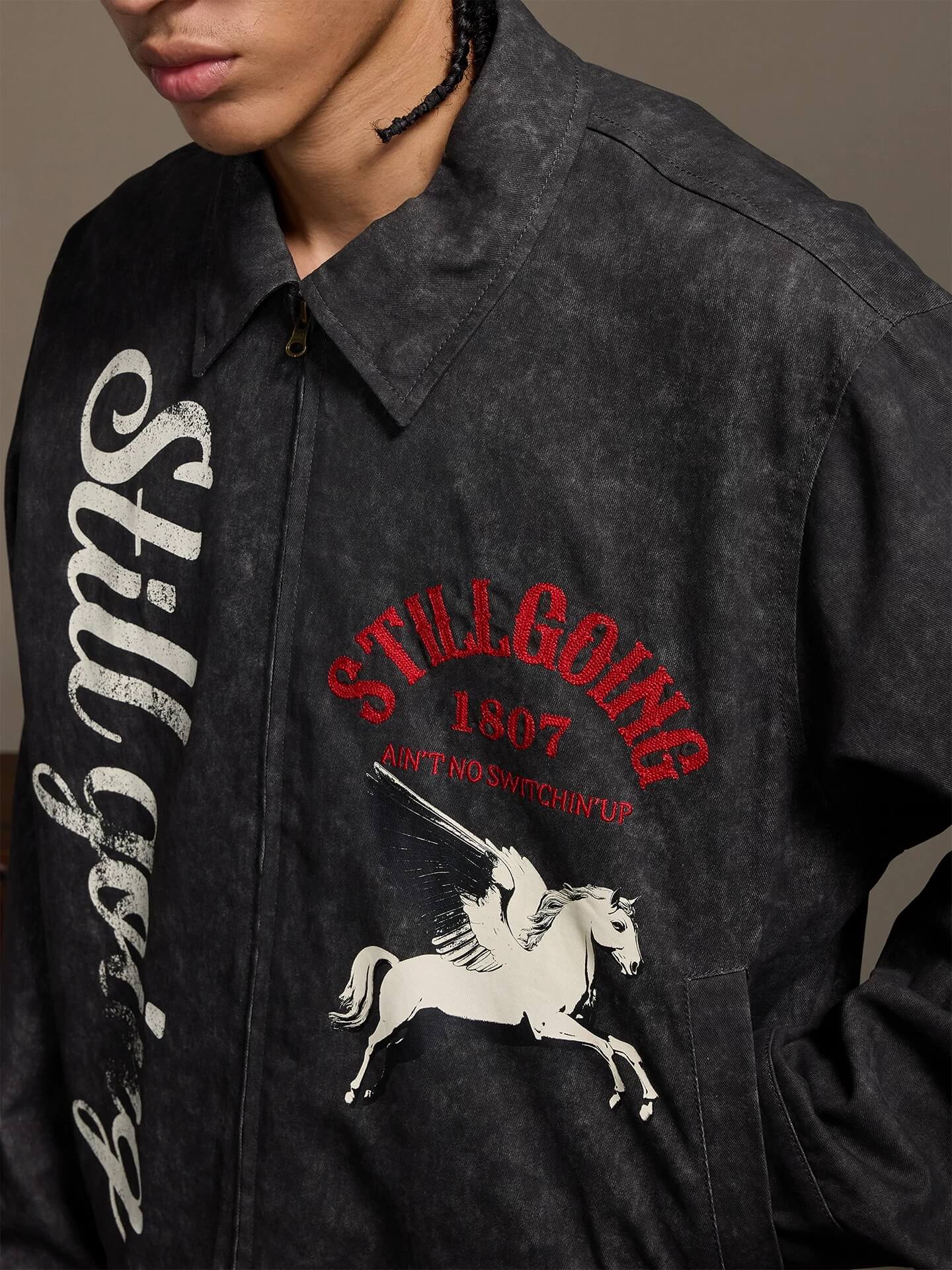 1807 Pegasus Vintage Print Embroidered Detroit Jacket
