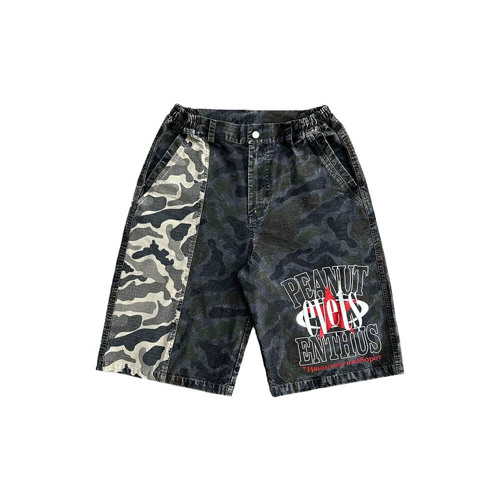 EVETS Washed Faded Camouflage Patchwork Shorts