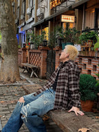 UNDERWATER Brown Brushed Plaid Raw Hem Long Sleeve Flannel Shirt