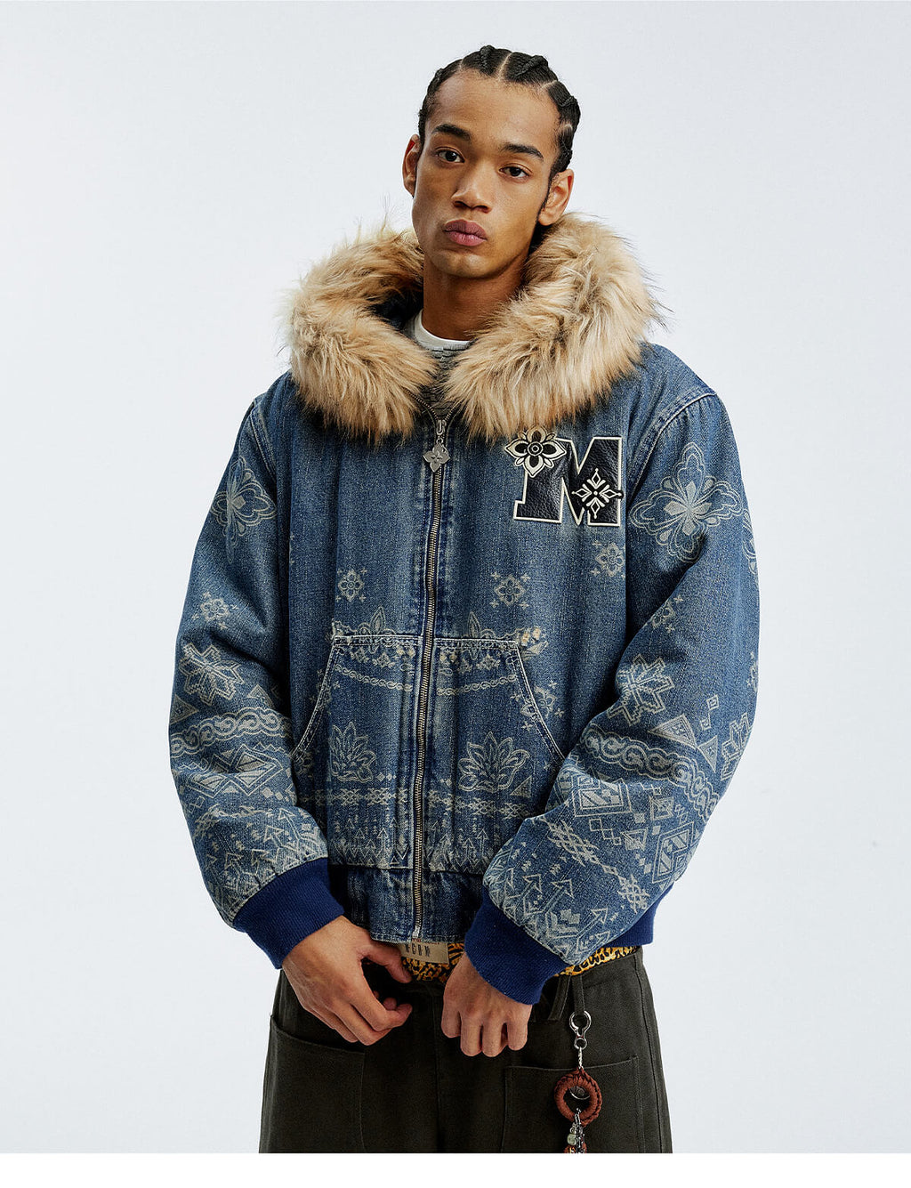 MEDM Ethnic Paisley Denim Hooded Jacket