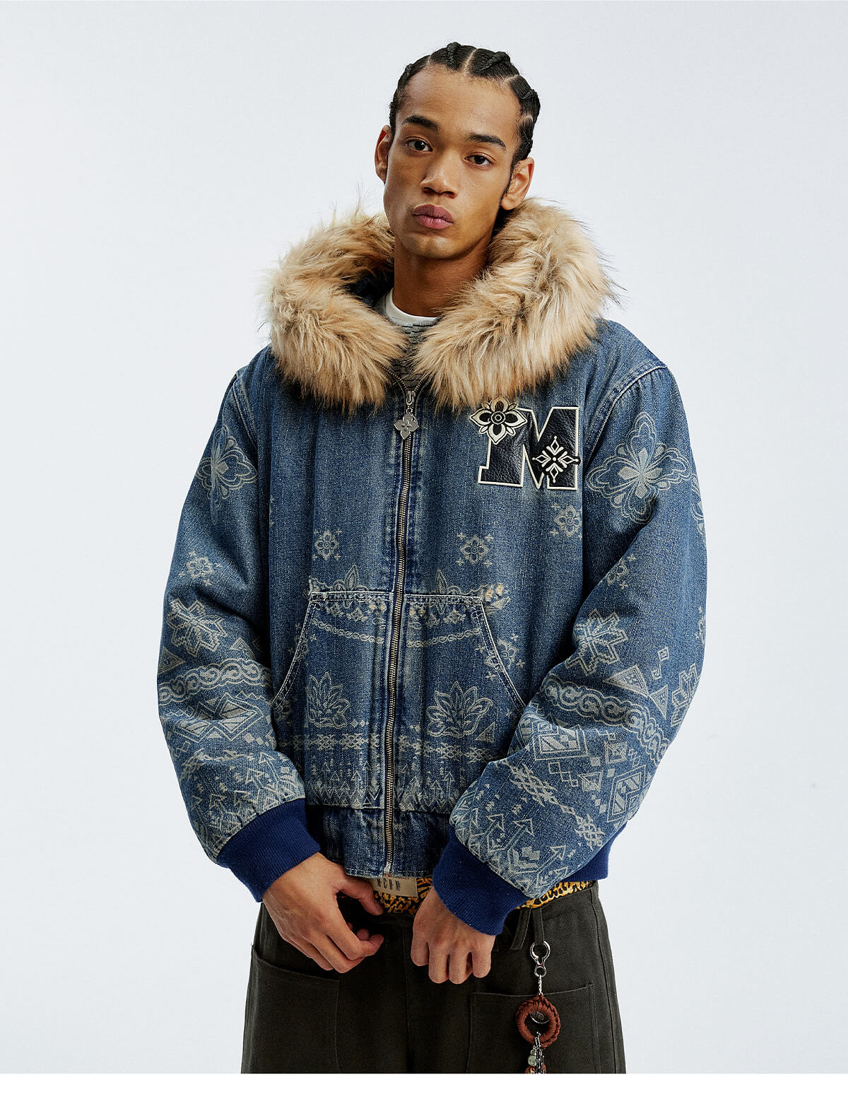 MEDM Ethnic Paisley Denim Hooded Jacket