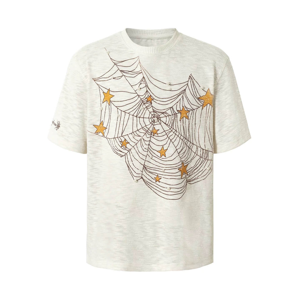 YADcrew Pearl Studded Star Spider Web Print Tee