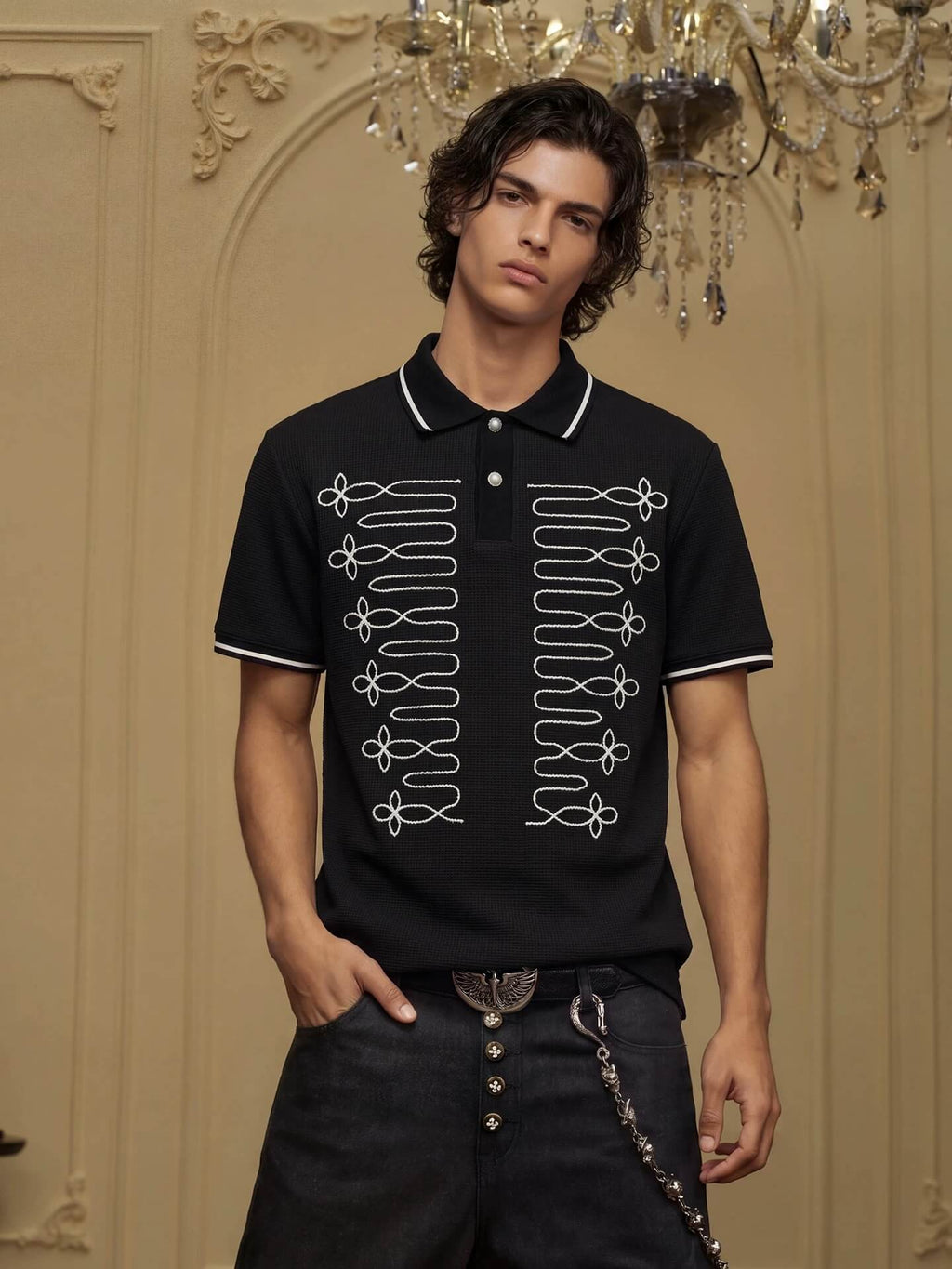YADcrew Braid Embroidered Waffle Polo Shirt