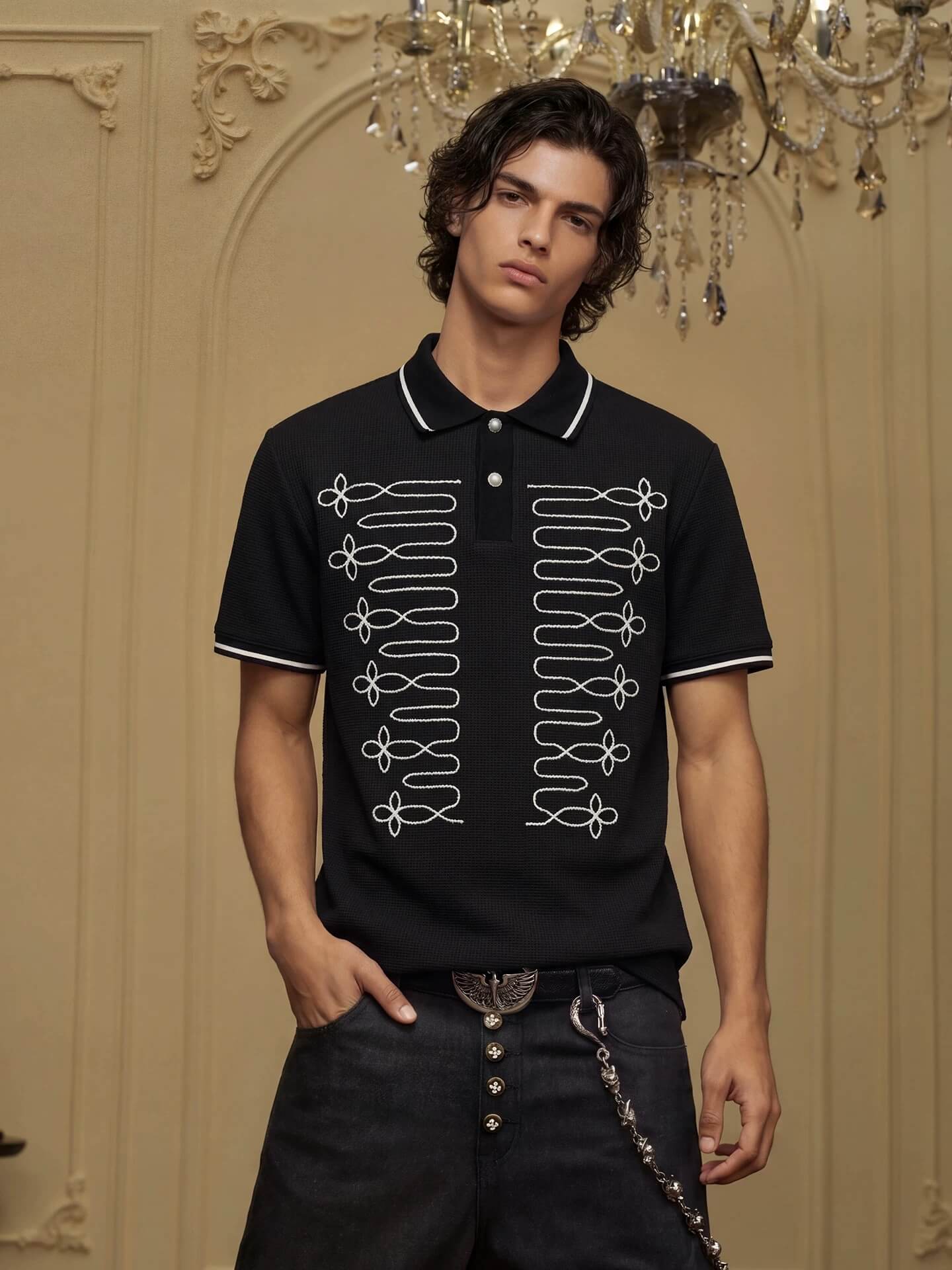 YADcrew Braid Embroidered Waffle Polo Shirt