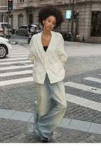 STEEPC Wool Blend Diamond Cable Knit Pearl Cardigan