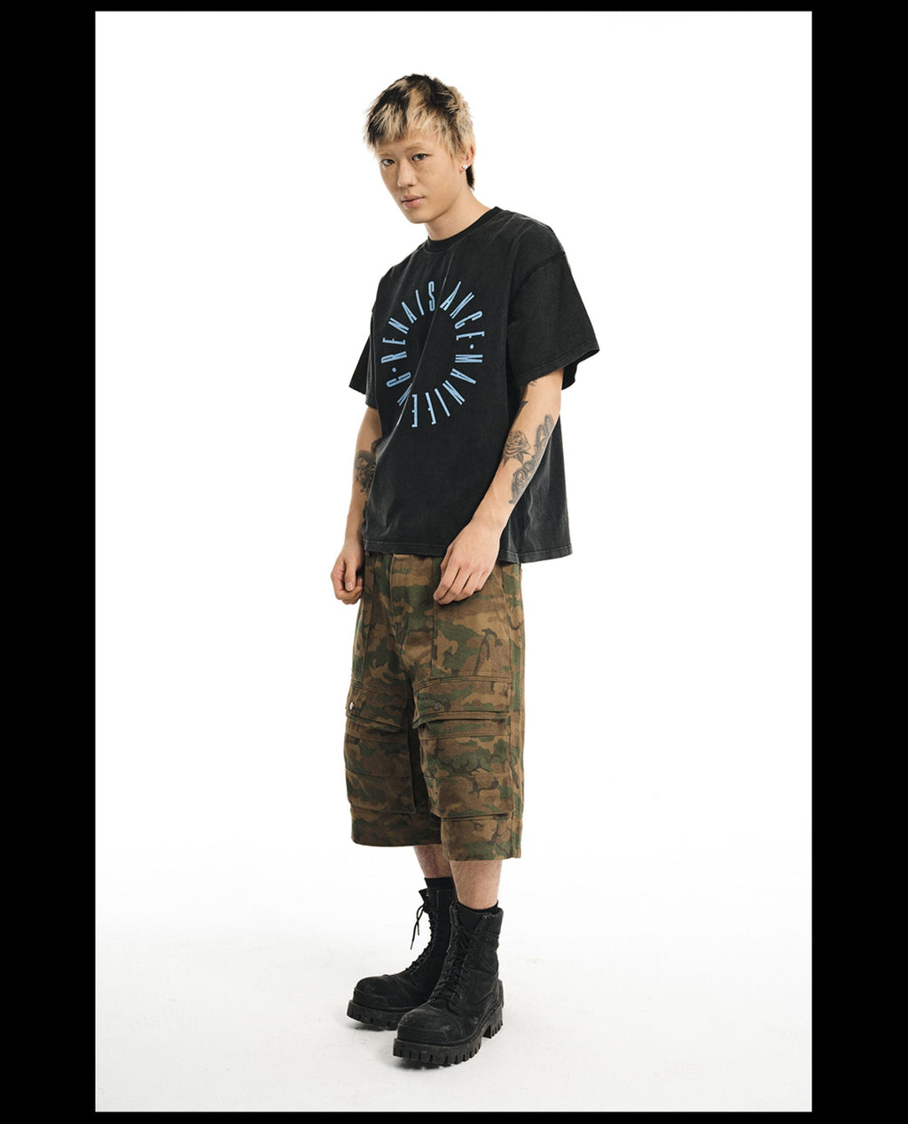 NOVACAM Circle Letter Vintage Washed Black Stitch Tee