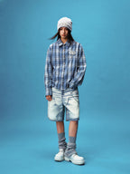 YADcrew Pearl-Embroidered Plaid Long-Sleeve Shirt