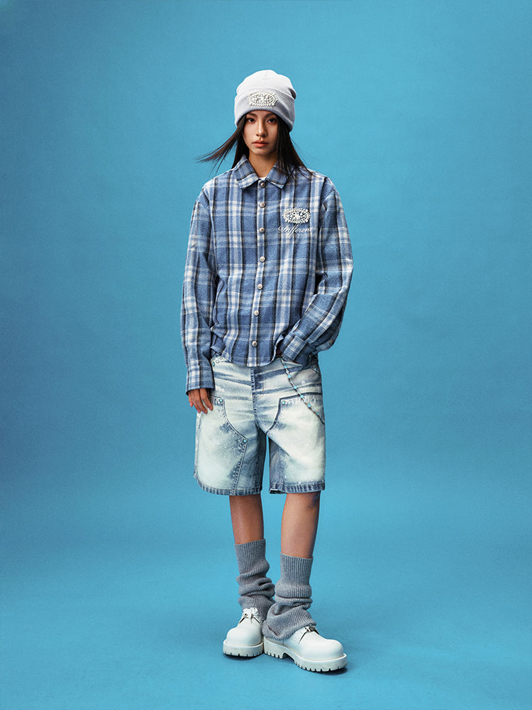 YADcrew Pearl-Embroidered Plaid Long-Sleeve Shirt