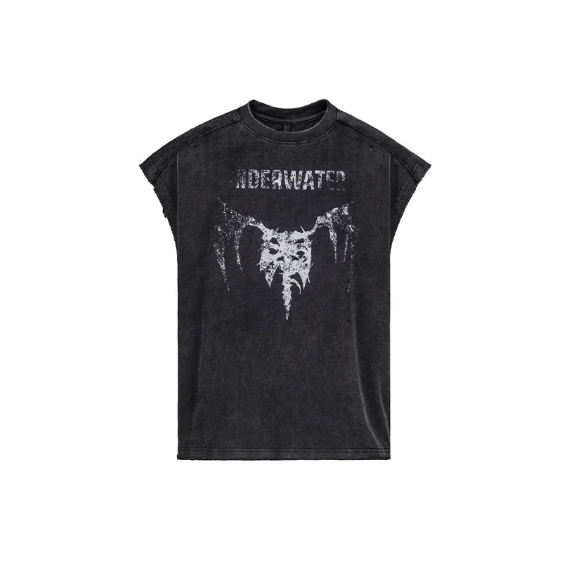 UNDERWATER Washed Devil Bone Print Distressed Sleeveless Tee