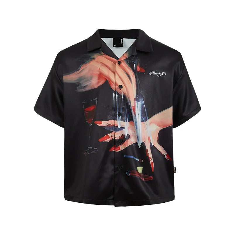 Remedy Finger and Wine Glass Full Print Short Sleeve Cuban Shirt