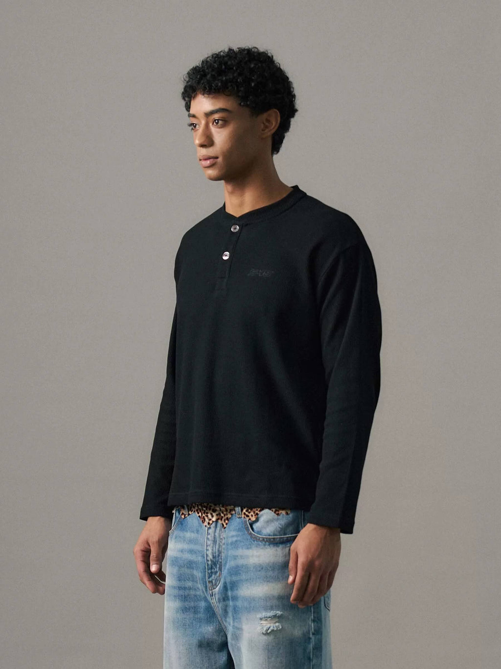 S45 Waffle Henley Neck Long Sleeve Tee