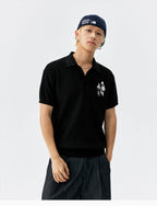 MEDM Rose Embroidered Textured Stripe Knit Polo