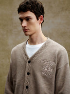 YADcrew Cable Rib V Neck Embroidered Knit Cardigan