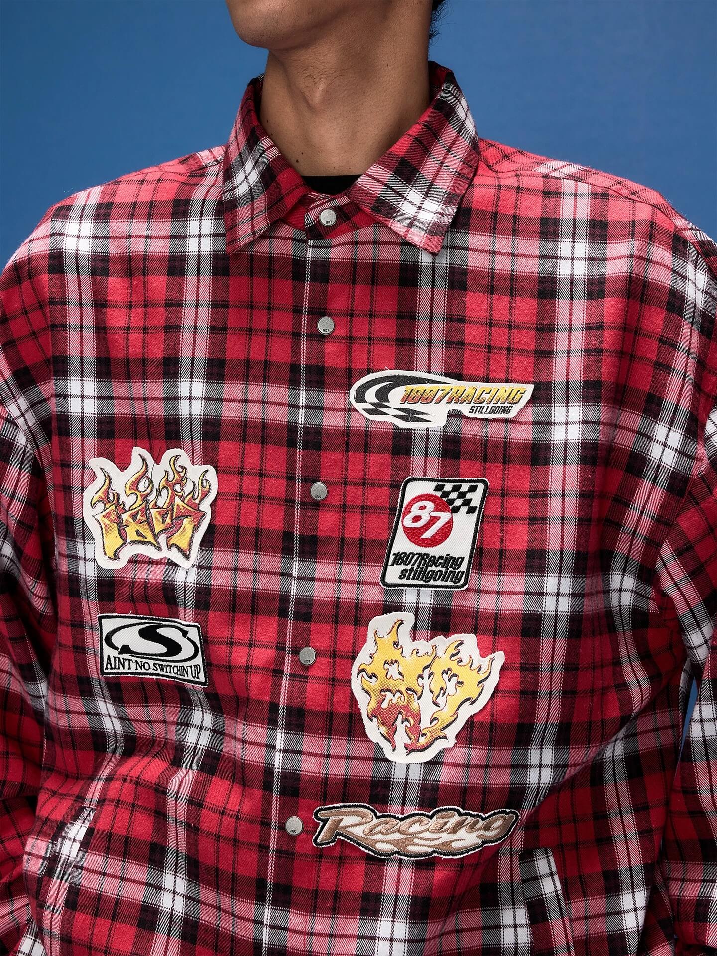 1807 Racing Printed Patch Plaid Long Sleeve Shirt