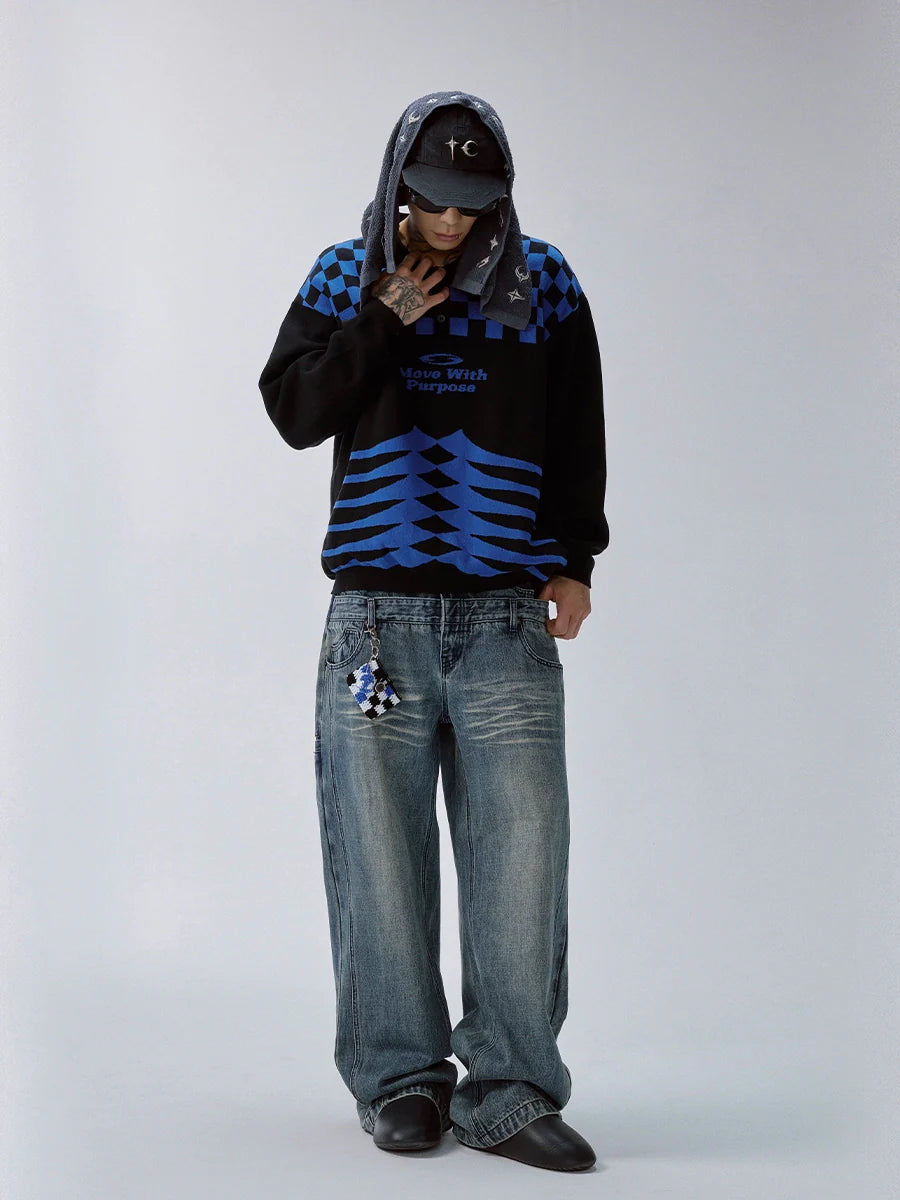 F2CE Checkerboard Pattern Polo Knit Sweater