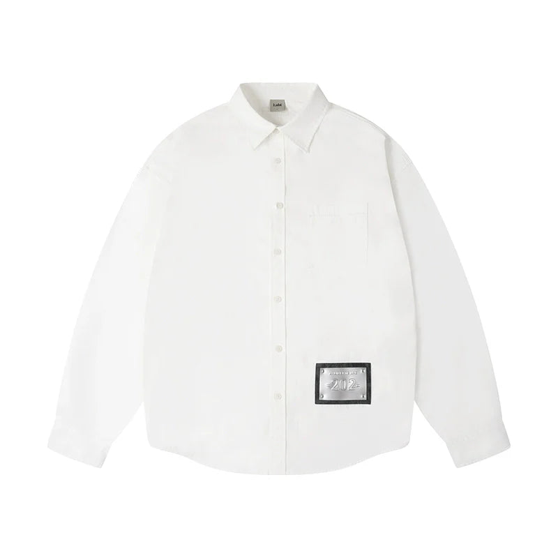 Labt Patch Embroidered Wrinkled Long Sleeve Shirt