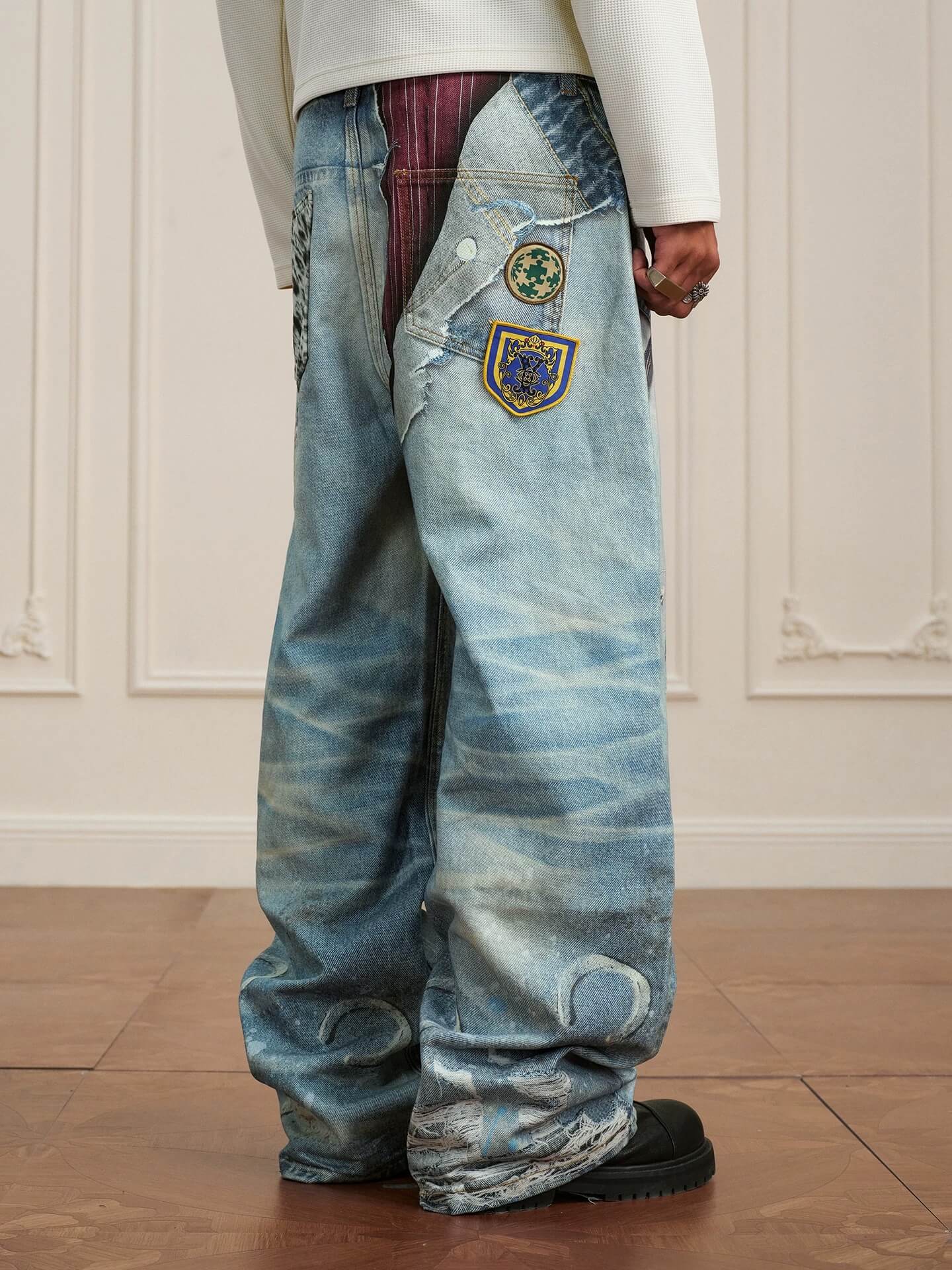 YADcrew 3D Digital Print Patch Embroidered Jeans