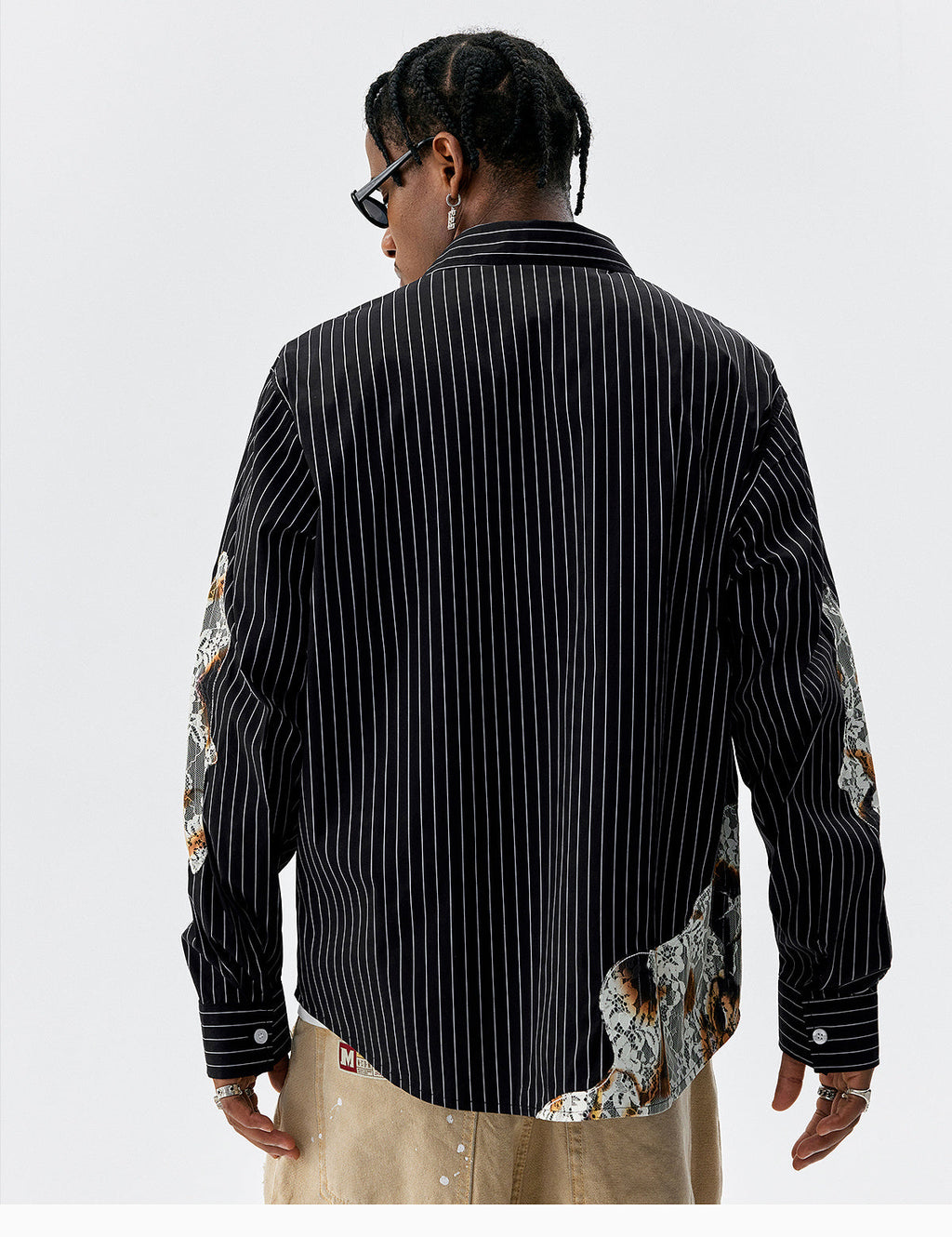 MEDM Lace Embroidered Striped Long Sleeve Shirt