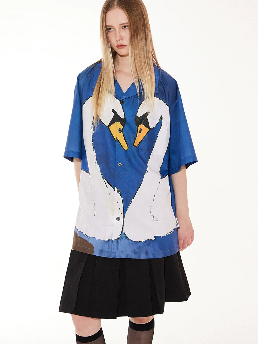 EMPTY REFERENCE Hand Painted Swan Print Short Sleeve Shirt