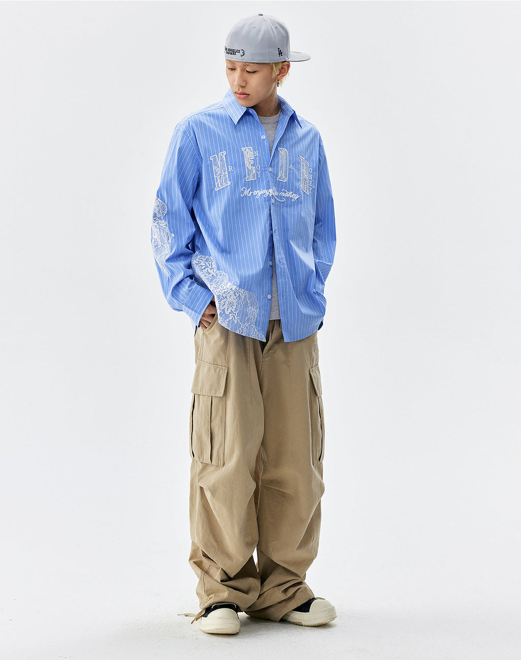 MEDM Lace Embroidered Striped Long Sleeve Shirt