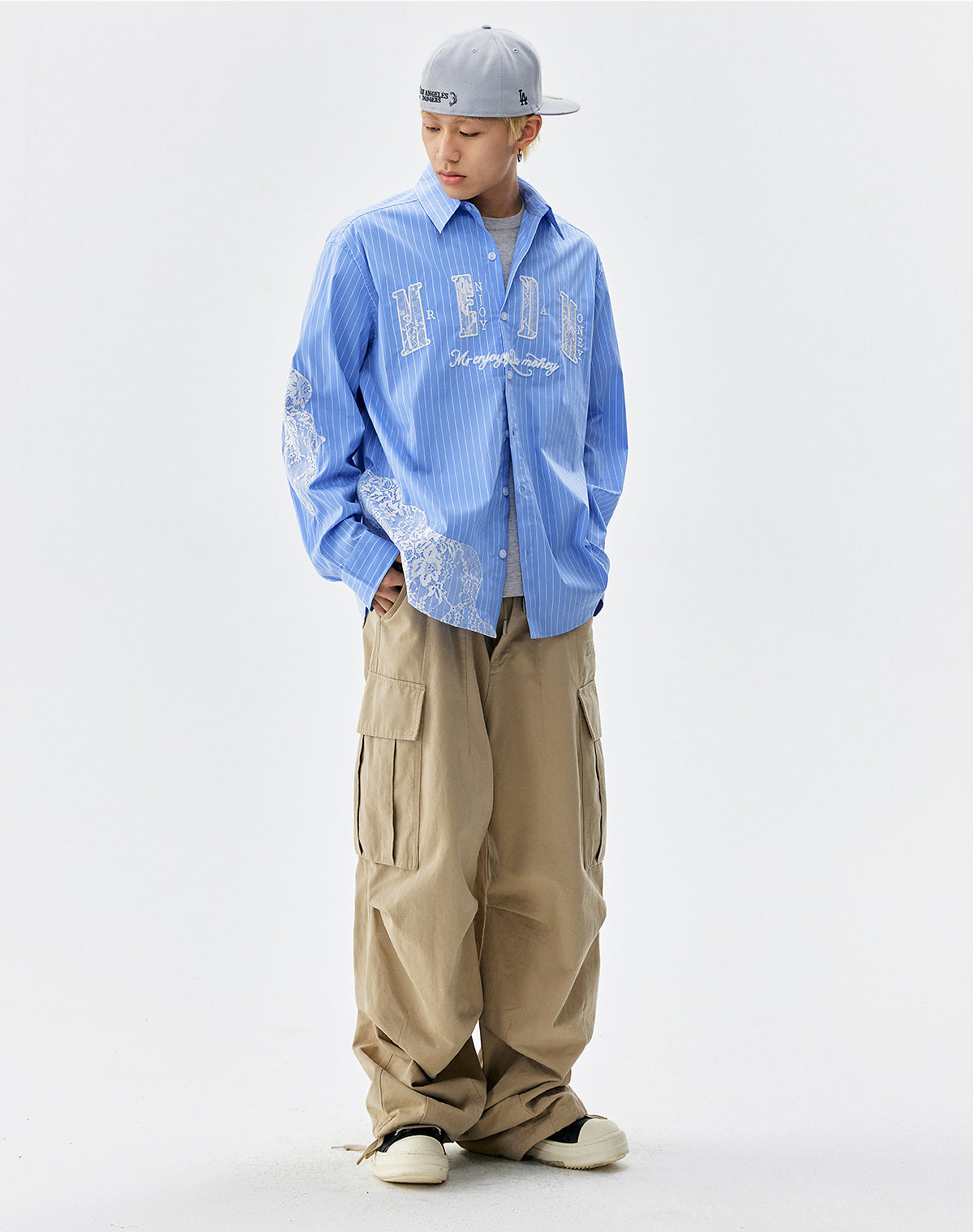 MEDM Lace Embroidered Striped Long Sleeve Shirt