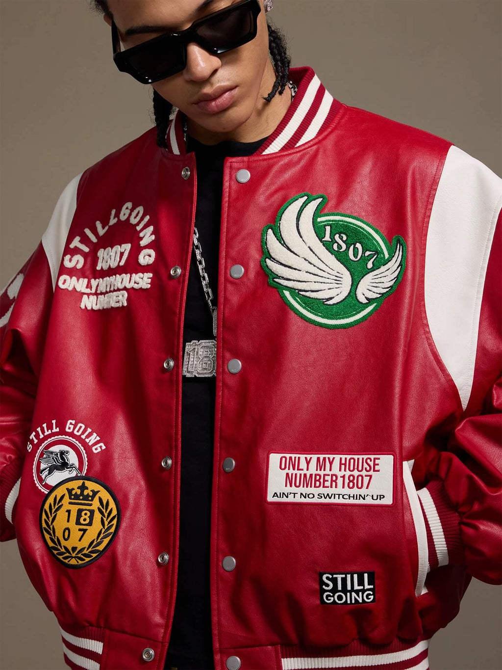 1807 PU Leather Patchwork Varsity Jacket